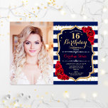 Convite 16ª Festa de aniversário com fotografia - Marinho<br><div class="desc">16º convite de aniversário com sua foto. Apresenta faixas brancas de marinho,  fonte de script,  rosa vermelha e confetti. Design branco azul-real clássico,  vermelho,  com ouro brilhante falso. Perfeito para uma elegante e doce celebração de 16 dias.</div>