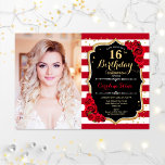 Convite 16ª Festa de aniversário com fotografia - Preto Do<br><div class="desc">16º convite de aniversário com sua foto. Apresenta faixas brancas escuras,  fontes de script,  rosas e confetti. Design vermelho preto clássico com ouro brilhante. Perfeito para uma elegante e doce celebração de 16 dias.</div>