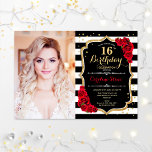 Convite 16ª Festa de aniversário com fotografia - Preto Do<br><div class="desc">16º convite de aniversário com sua foto. Apresenta faixas brancas pretas,  fonte de script,  rosa vermelha e confetti. Design vermelho preto clássico com ouro brilhante. Perfeito para uma elegante celebração de 16 dias.</div>