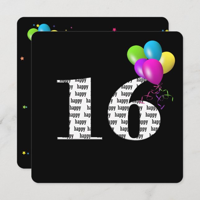 Convite 16ª Festa de aniversário com grupo de balão (Frente/Verso)