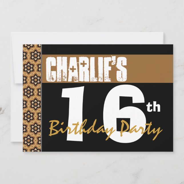 Convite 16ª Festa de aniversário de preto Dourado moderno  (Frente)