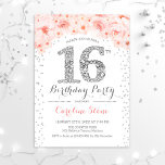 Convite 16ª Festa de aniversário - Prata branca, rosa<br><div class="desc">16º convite de aniversário para a menina. Design floral elegante em prata brilhante e branco. Apresenta o número de diamante,  rosas cor-de-rosa pinceladas e confete. Perfeito para uma doce festa de 16 dias.</div>