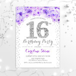 Convite 16ª Festa de aniversário - Prata branca - Roxo<br><div class="desc">16º Convite de aniversário elegante de design elegante em prata brilhante falso,  roxo e branco. Na moda floral com diamantes e rosas. Perfeito para uma comemoração de vidro. Envie-me uma mensagem se precisar de mais personalização.</div>