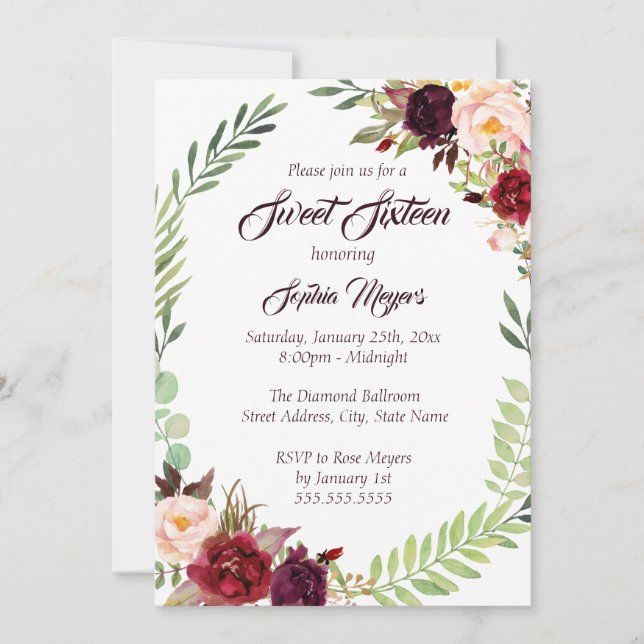 Convite 16º Coroa Floral Burgundy Sweet Sixteen (Frente)