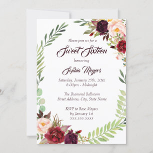 Convite 16º Coroa Floral Burgundy Sweet Sixteen