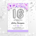 Convite 16.ª Festa de aniversário - Prateados<br><div class="desc">16º convite de aniversário. Design elegante em prata brilhante com sotaque floral. Convide cartão com balões prateados número 16,  fonte de script com confetti. Púrpura,  lavanda e branco. Perfeito para uma comemoração de na moda 16 dias. Envie-me uma mensagem se precisar de idade personalizada.</div>