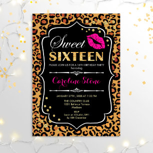Convite 16.º aniversário - 16.º Leopard, impresso rosa