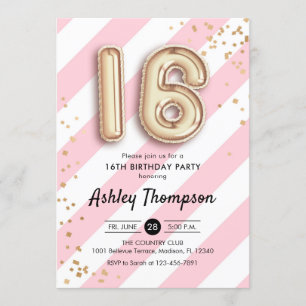 Convite 16.º Aniversário - Balões Dourados com Stripes Ros