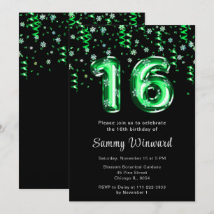 Convite 16.º Aniversário Balões Verdes Snowflake Confetti