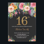 Convite 16.º Aniversário com Dourada Literatura<br><div class="desc">16º Aniversário do Dia Floral para as Mulheres. Flor Floral de Água. Brilho preto e Dourado. Rosa,  Amarelo,  Laranja,  Flor Roxo.Aniversário de crianças. Para Lady Teen Teenage.
Para mais personalização,  clique no botão "Personalizar" e use a ferramenta design para modificar este modelo.</div>