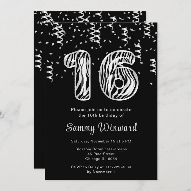 Convite 16.º aniversário da Impressão de Zebra com Confett (Frente/Verso)