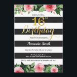 Convite 16.º Aniversário do Adjunto. Preto Dourado Floral<br><div class="desc">16.º Convite de Aniversário para Garota Adolescente. Doce dezesseis. Convidar Festa de aniversário Preta e Dourada. Dourada Glitter. Flor Floral Cor de Água Rosa. Black and White Stripes. Digital Imprimível.
Para mais personalização,  clique no botão "Personalizar" e use a ferramenta design para modificar este modelo.</div>