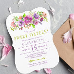 Convite 16.º aniversário do boho floral doce 16<br><div class="desc">Magro, elegante, dezesseis convite de festas, apresentando um pastel roxo boêmico, lilás, violeta, rosa poeirento, e uma mão cor-de-rosa pincelada, pintada de buquê, com folhagem de cor verde-de-água salgada e verde-verde-acastanhada e com letra de guião. Preencha suas informações nos pontos, Você pode optar por personalizá-las alterando ainda mais as fontes,...</div>
