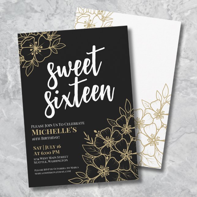 Convite 16.º Aniversário do Dourado Sweet Floral (16th Black Gold Floral Sweet Sixteen Birthday Invitation)