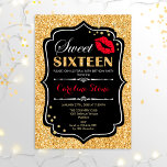 Convite 16.º Aniversário - Doce 16.º Vermelho Negro Dourad<br><div class="desc">Doce 16 Convite de aniversário. Design branco preto elegante com ouro brilhante. Apresenta lábios vermelhos beijando,  confetti e fonte de script. Perfeito para na moda 16ª festa de aniversário. Envie-me uma mensagem se precisar de mais personalização.</div>