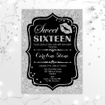Convite 16.º Aniversário - Doce 16 Prata Negra<br><div class="desc">Doce 16 Convite de aniversário. Design branco preto elegante com prata brilhante falso. Apresenta lábios beijam,  confetti e fontes de script. Perfeito para na moda 16ª festa de aniversário. Envie-me uma mensagem se precisar de mais personalização.</div>