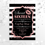 Convite 16.º Aniversário - Doce 16 Rosa preto Dourado<br><div class="desc">Doce 16 Convite de aniversário. Design branco preto elegante com ouro brilhante rosa. Apresenta lábios cor-de-rosa beijando,  listras brancas pretas,  confetti e fonte de script. Perfeito para na moda 16ª festa de aniversário. Envie-me uma mensagem se precisar de mais personalização.</div>