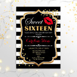 Convite 16.º Aniversário - Doce 16 Vermelho Negro Dourado<br><div class="desc">Doce 16 Convite de aniversário. Design branco preto elegante com ouro brilhante. Apresenta lábios vermelhos beijam,  listras brancas pretas,  confetti e fonte de script. Perfeito para na moda 16ª festa de aniversário. Envie-me uma mensagem se precisar de mais personalização.</div>