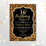 Convite 16.º aniversário - Impressão Leopardo<br><div class="desc">16.º Convite de Aniversário. Design branco preto elegante com ouro brilhante. Apresenta a impressão e a letra de um animal de chita leopardo. Perfeito para uma bolsa mensageifesta de aniversario elegante. Pode ser personalizado em qualquer ano! Envie-me uma mensagem se precisar de mais personalização.</div>