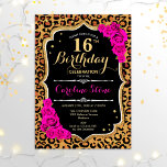 Convite 16.º Aniversário - Impressão Leopardo de Rosas Ros<br><div class="desc">16.º Convite de Aniversário. Design preto rosa elegante com ouro brilhante. Apresenta impressão de animais leopardo cheetah,  fonte de script e rosas rosa-quente. Perfeito para uma bolsa mensageifesta de aniversario elegante. Pode ser personalizado em qualquer ano! Envie-me uma mensagem se precisar de mais personalização.</div>