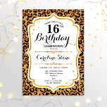 Convite 16.º aniversário - Impressão Leopardo Dourada<br><div class="desc">16.º Convite de Aniversário. Design elegante em ouro brilhante e branco. Apresenta a impressão de animais leopardo cheetah,  fonte de script e rosas. Perfeito para uma bolsa mensageifesta de aniversario elegante. Pode ser personalizado em qualquer ano! Envie-me uma mensagem se precisar de mais personalização.</div>