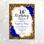 Convite 16.º Aniversário - Impressão Leopardo Dourada Real<br><div class="desc">16.º Convite de Aniversário. Elegante design azul-real branco com ouro brilhante falso. Apresenta a impressão animal de leopard cheetah,  letra de script e rosas azuis de safira. Perfeito para uma bolsa mensageifesta de aniversario elegante. Pode ser personalizado em qualquer ano! Envie-me uma mensagem se precisar de mais personalização.</div>
