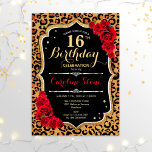 Convite 16.º Aniversário - Impressão Leopardo Rosa vermelh<br><div class="desc">16.º Convite de Aniversário. Elegante design branco preto vermelho e branco com ouro brilhante falso. Apresenta a impressão de animais leopardo cheetah,  fonte de script e rosas. Perfeito para uma bolsa mensageifesta de aniversario elegante. Pode ser personalizado em qualquer ano! Envie-me uma mensagem se precisar de mais personalização.</div>