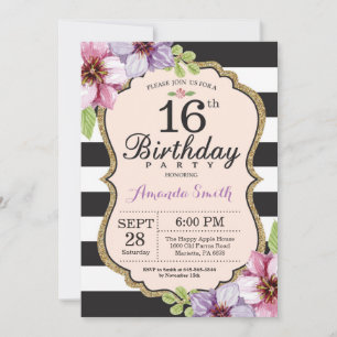 Convite 16.º Aniversário, Mulheres. Preto Dourado Floral