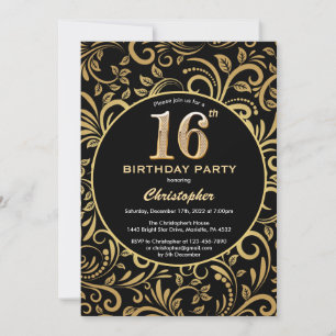 Convite 16.º Aniversário Padrão Floral Dourado e Preto
