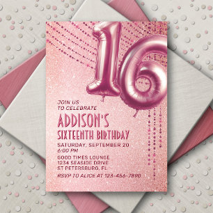 Convite 16.º Aniversário Rosa de adolescente Dourado