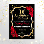 Convite 16.º aniversário - Rosas vermelhas Douradas pretas<br><div class="desc">Concurso de comemoração do 16º aniversário. Design preto elegante com ouro e rosas vermelhas brilhantes falsos. Perfeito para uma bolsa mensageifesta de aniversario elegante. Pode ser personalizado em qualquer idade.</div>