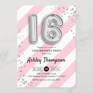 Convite 16.º aniversário - Stripes rosa e balões prateados