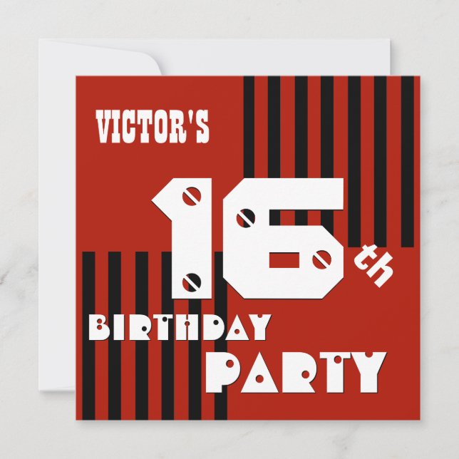 Convite 16.º ou Qualquer Banda Negra Vermelha Moderna de A (Frente)