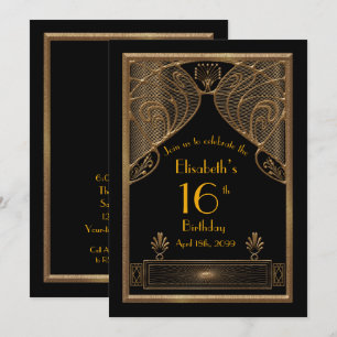 Convite 16,16 de aniversário,Art Deco, ouro preto