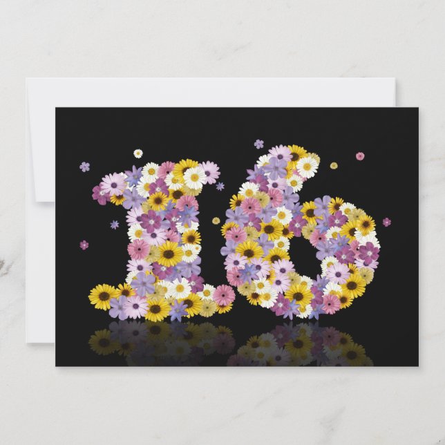 Convite 16.a Festa de aniversário, com letras floridas (Frente)