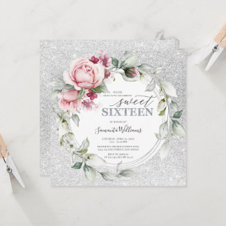 Convite 16 Aniversário Brilhante Quadrado | Rosas Prata