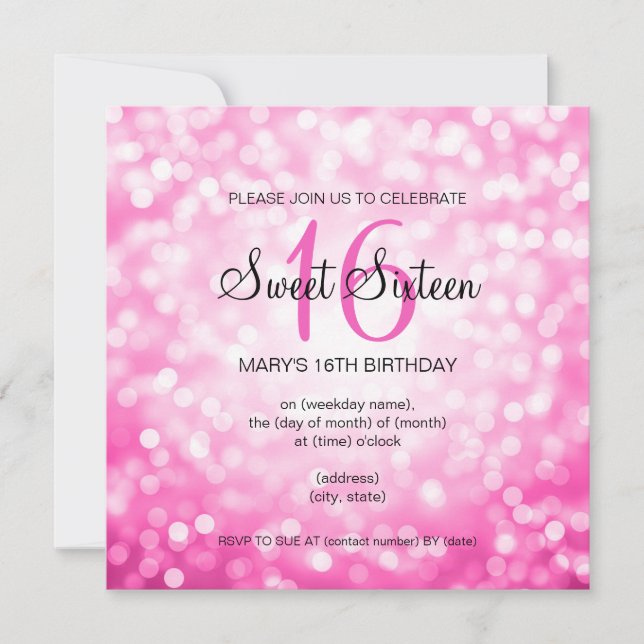 Convite 16 luzes brilhantes cor-de-rosa doces (Frente)