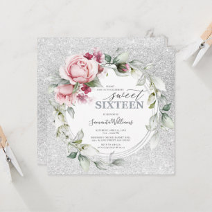 Convite 16 Praça da Glittering de Aniversário   Prata Rosa