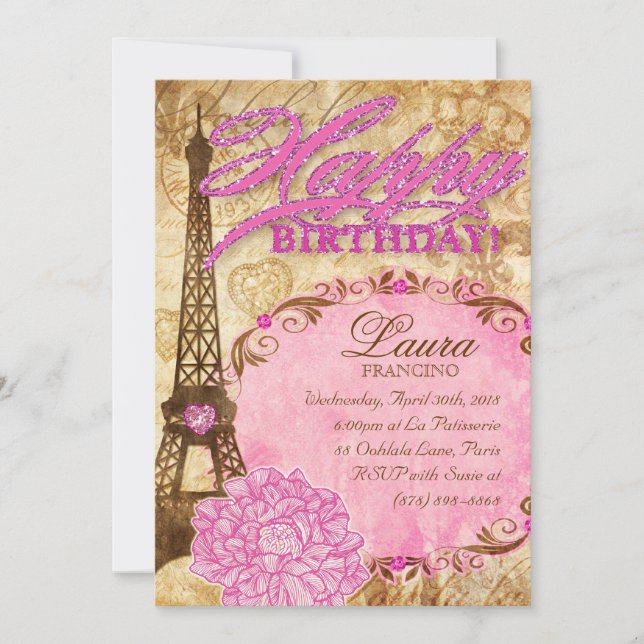 Convite 16 Santa Torre Eiffel Rosa Vintage (Frente)