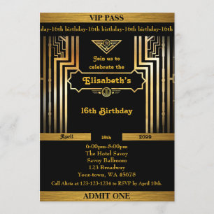 Convite 16o, aniversário 16o, estilo de Gatsby, bilhete,