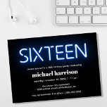 Convite 16th Birthday Party Blue Neon Lights<br><div class="desc">Cool modern 16th birthday party invitation with "sixteen" in blue glowing neon lights against a black background.</div>
