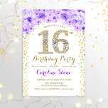 Convite 16th Birthday Party - White Gold Purple<br><div class="desc">16th Birthday Party Invitation
Elegant design in faux glitter gold,  purple and white. Stylish floral invitation with diamonds and roses. Perfect for a glam celebration. Please message me if you need further customization.</div>