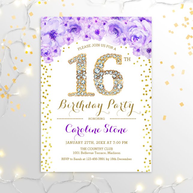 Convite 16th Birthday Party - White Gold Purple (Criador carregado)