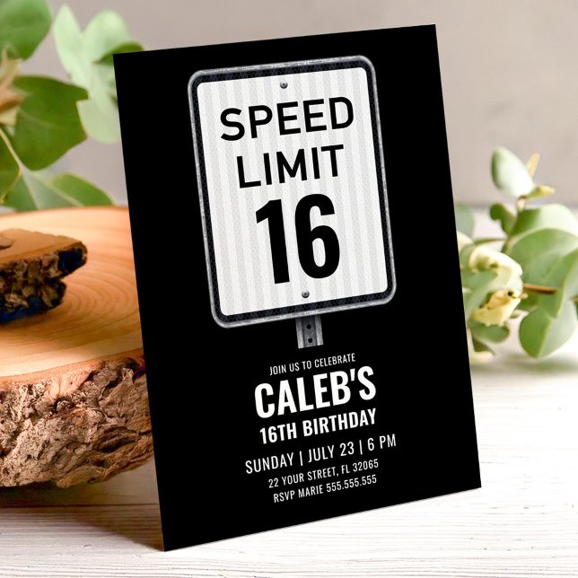 Convite 16th Birthday Speed Limit Black and White Sign (Criador carregado)
