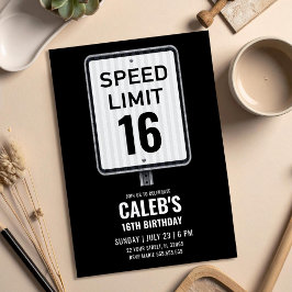 Convite 16th Birthday Speed Limit Black and White Sign