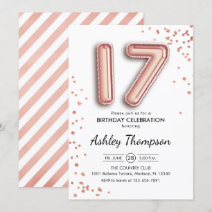 Convite 17.º Aniversário - Balões Rosa Dourados