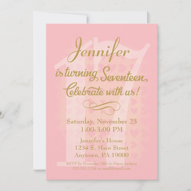 Convite 17.º Aniversário Chamam Meninas de Corações Dourad (Frente)