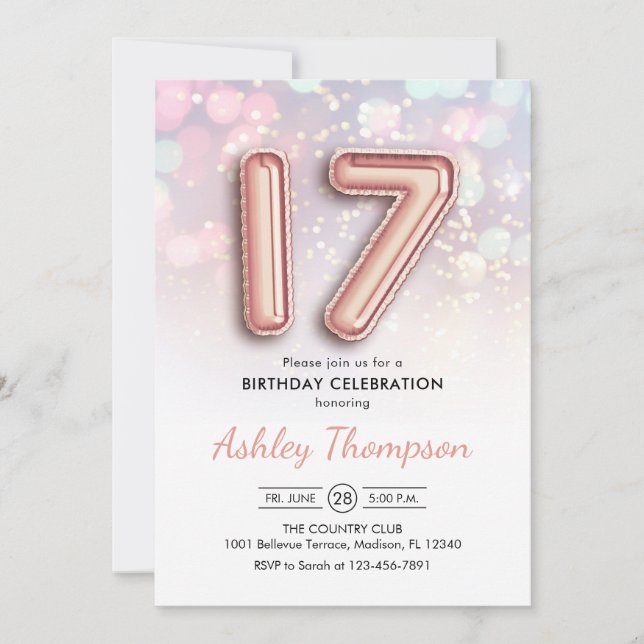 Convite 17.º aniversário - Luzes cor-de-rosa com balões Do (Frente)