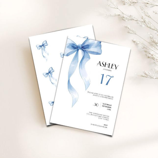 Convite 17th Birthday Invitation Blue Bow for Girls (Blue bow coquette 17th birthday invitation for girls)