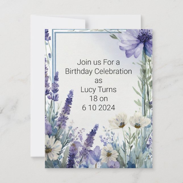 Convite 18ª Festa de aniversário Convidar com Flores Azuis (Frente)